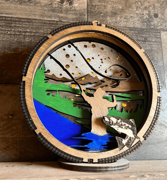 FlyFish with Trout Light Ornament - Bunkhouse Studio LLC