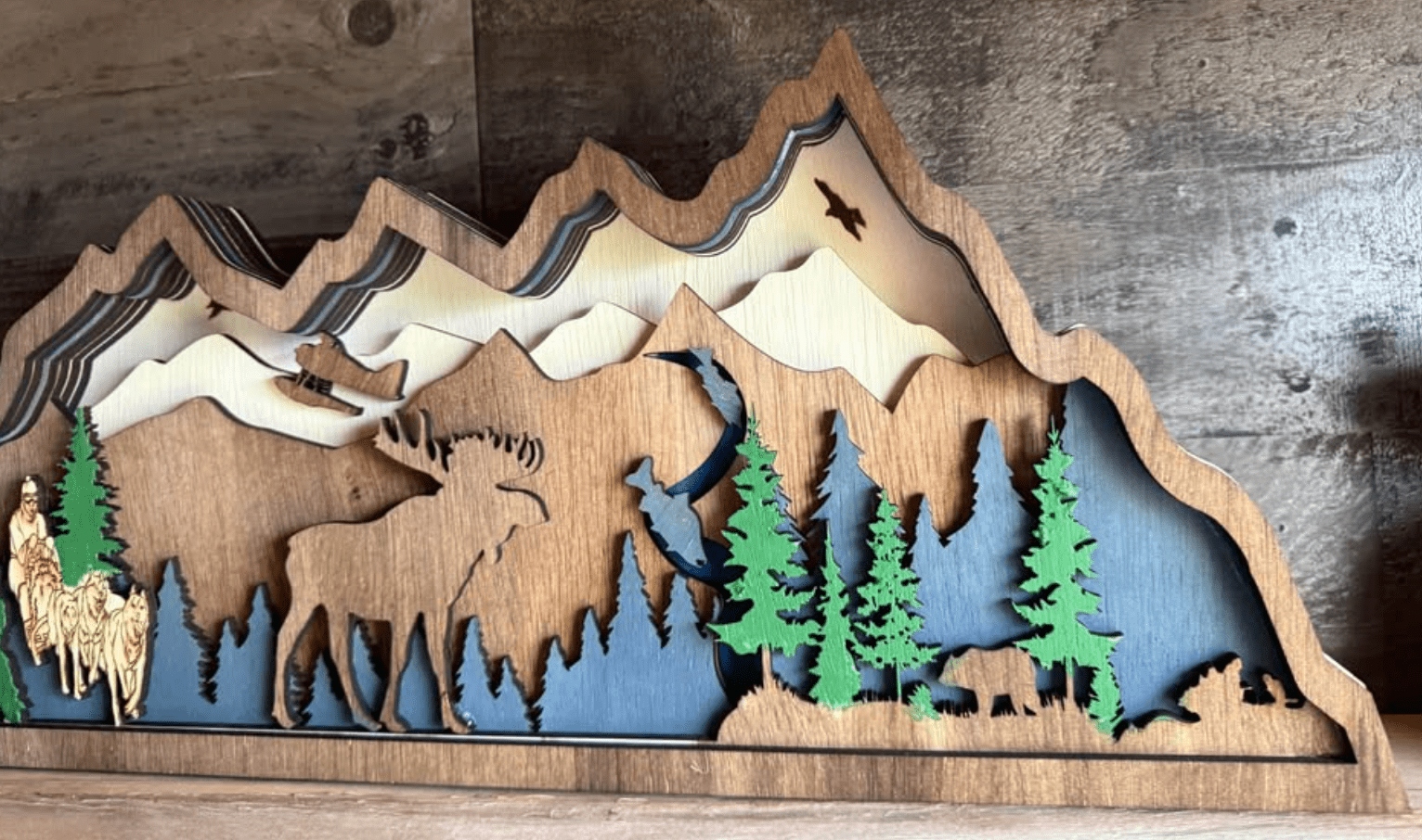 Handcrafted Wooden Rustic Mountain shelf decor light up – Rustic Cabin & Lodge Décor - Bunkhouse Studio LLC