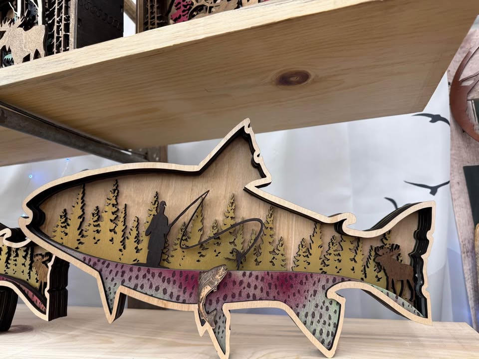 Handcrafted Wooden Trout Wall Art with Fly Fisherman Scene – Rustic Cabin & Lodge Decor - Bunkhouse Studio LLC