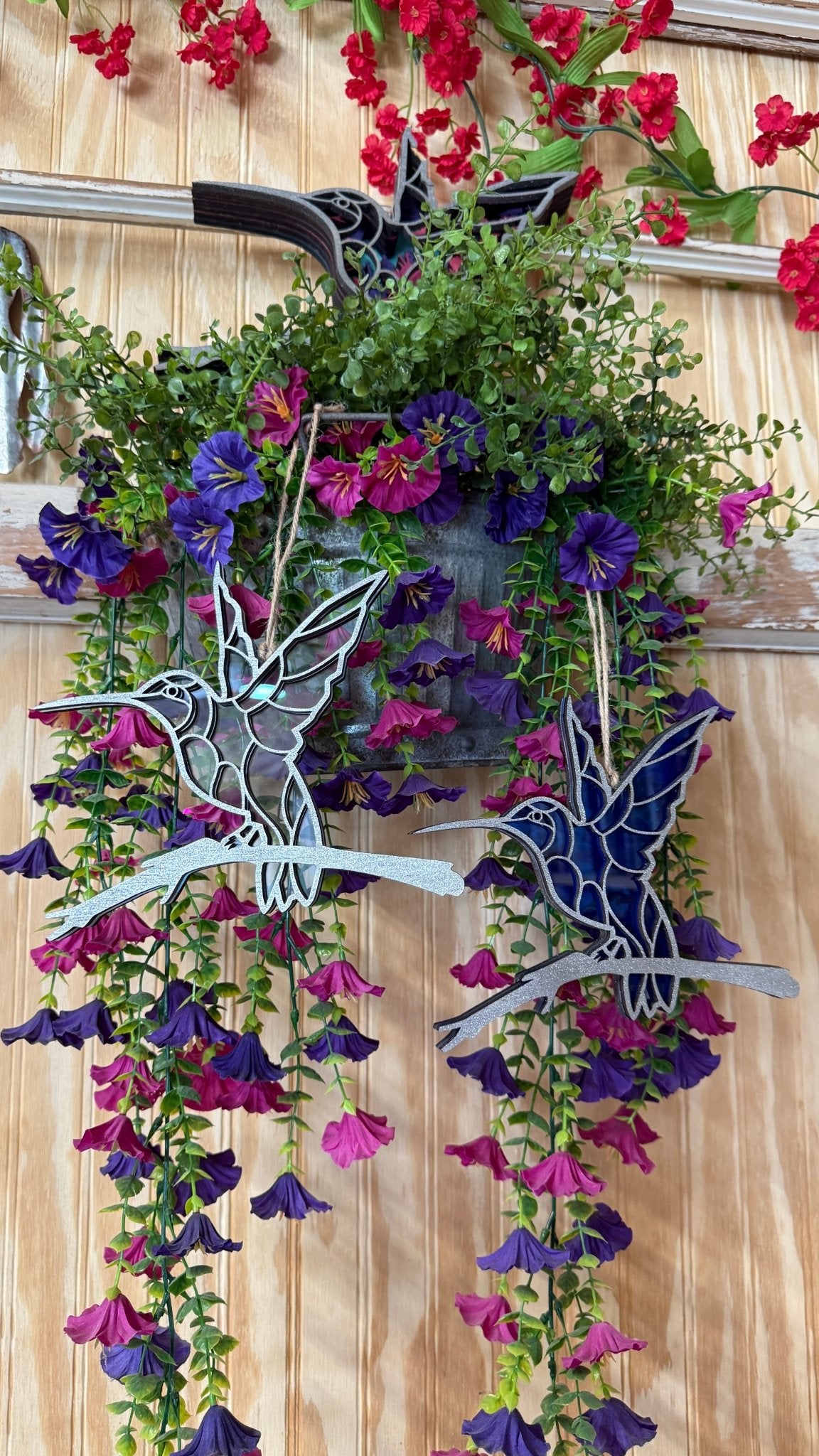 Hummingbird sun catcher window decor with acrylic and wood, handmade rustic hanging bird art for nature and bird lover decor.