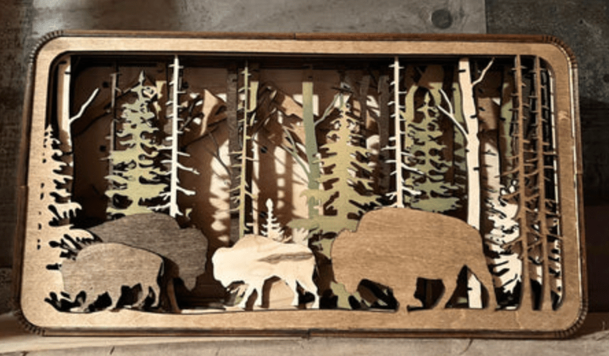 Unique Handmade Western Light Shadow Box with option of Elk, or Bear, Buffalo or Moose design - Bunkhouse Studio LLC
