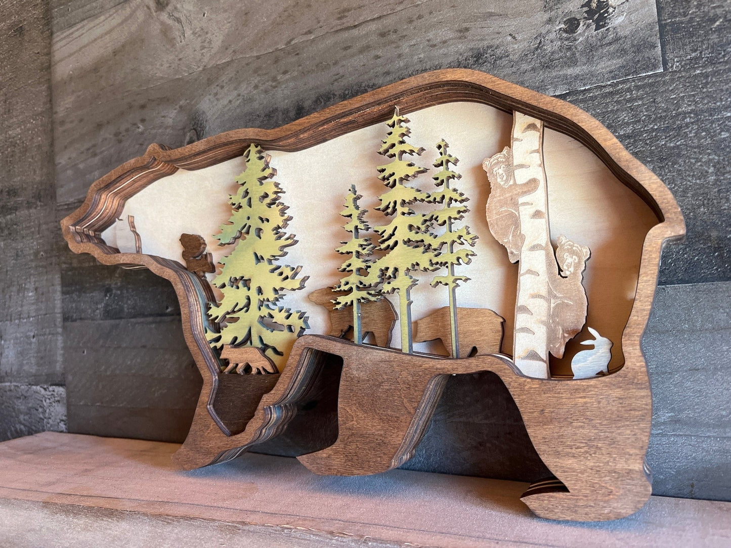 3D Bear Art - Wooden Bear Decor - rustic bear art - layered bear art - wooden bear art - wooden forrest decor - wooden bear forest scene - Bunkhouse Studio LLC