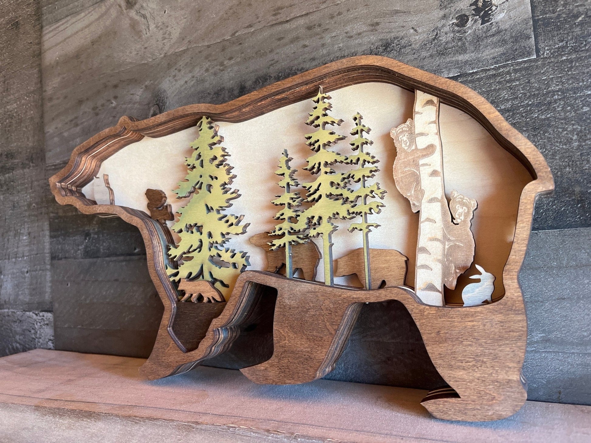3D Bear Art - Wooden Bear Decor - rustic bear art - layered bear art - wooden bear art - wooden forrest decor - wooden bear forest scene - Bunkhouse Studio LLC