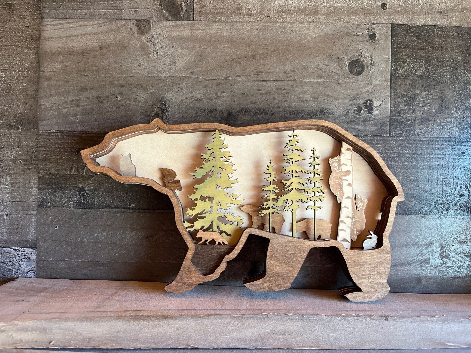 3D Bear Art - Wooden Bear Decor - rustic bear art - layered bear art - wooden bear art - wooden forrest decor - wooden bear forest scene - Bunkhouse Studio LLC