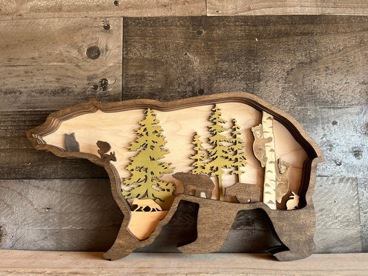 3D Bear Art - Wooden Bear Decor - rustic bear art - layered bear art - wooden bear art - wooden forrest decor - wooden bear forest scene - Bunkhouse Studio LLC
