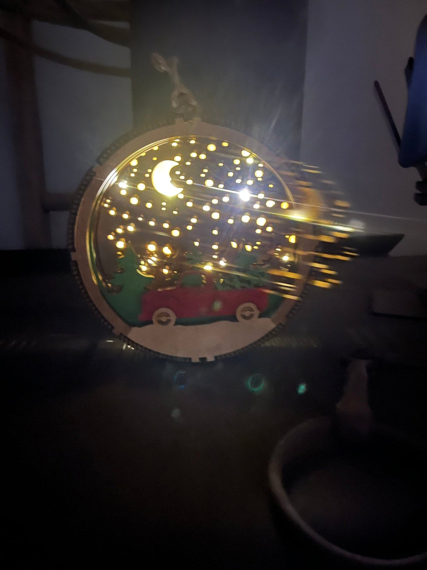Western rustic old truck fall decor shadow light box hanging ornament with vintage truck design and autumn-themed accents.