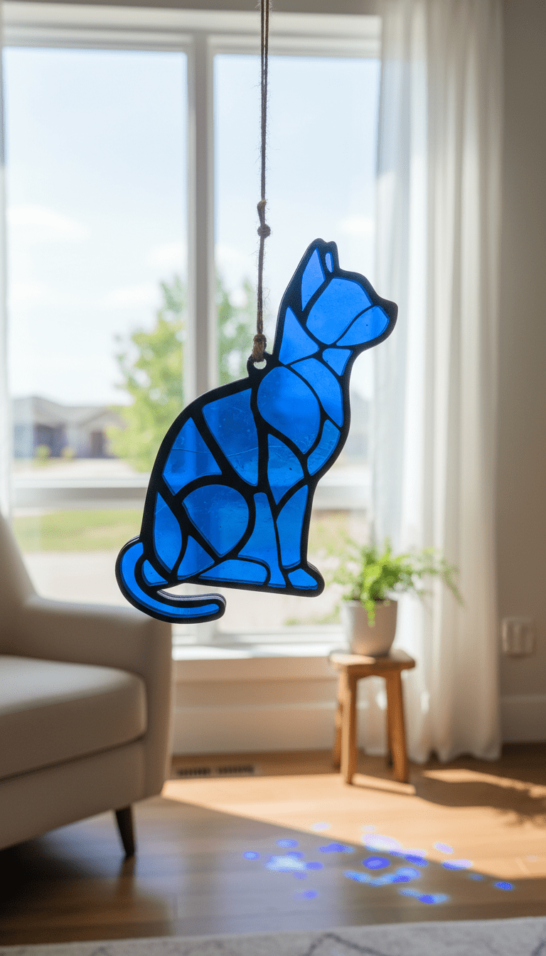 Rustic modern cat lover sun catcher window decor with a detailed cat silhouette and warm-toned design, perfect for brightening a window.