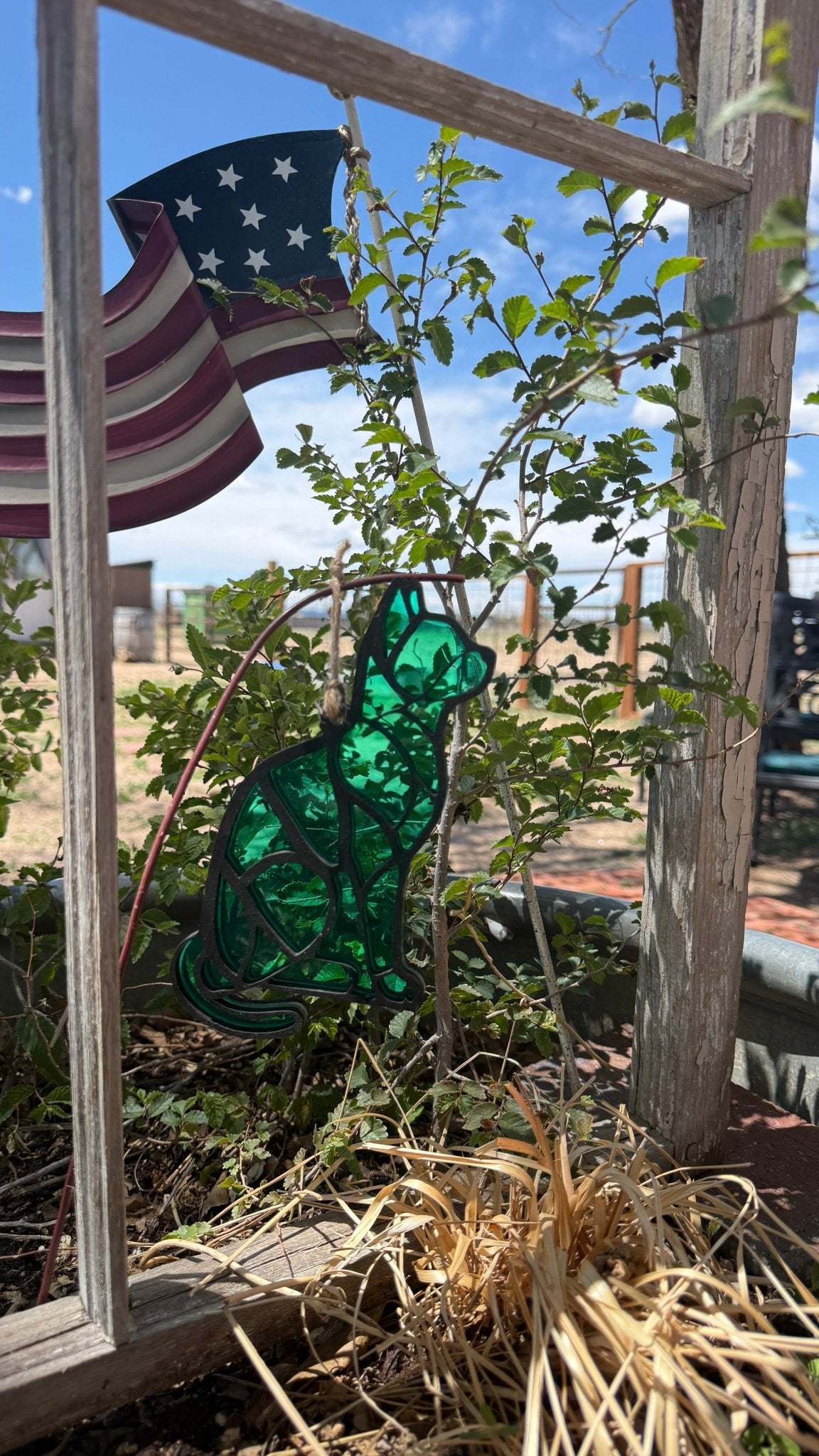 Rustic modern cat lover sun catcher window decor hanging ornament with feline design, by Bunkhouse Studio LLC