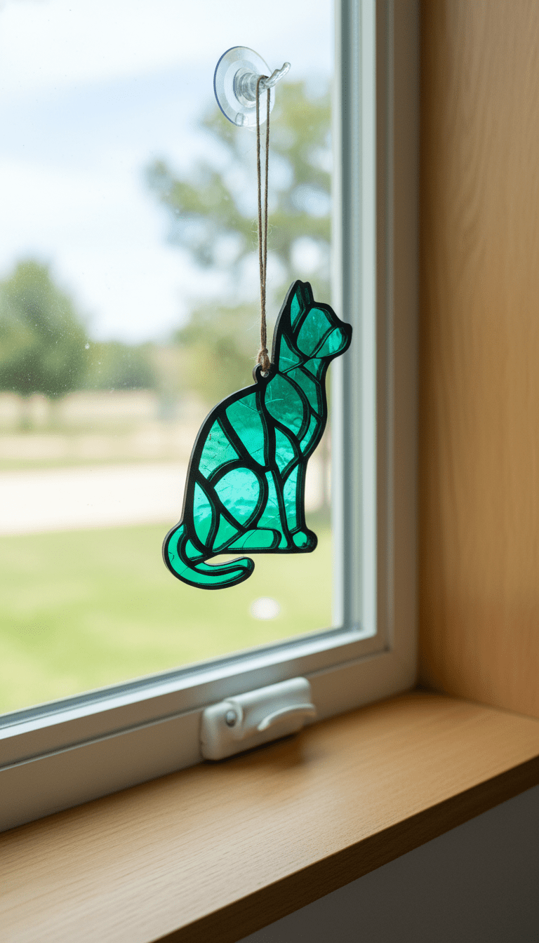Rustic modern cat lover sun catcher window decor with feline design, handcrafted by Bunkhouse Studio LLC.