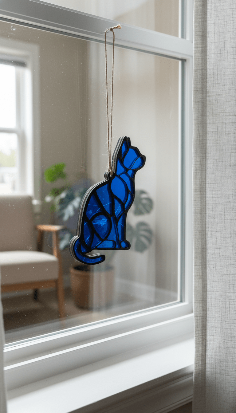 Rustic modern cat lover sun catcher window decor featuring a charming cat design for charming home or office decoration.