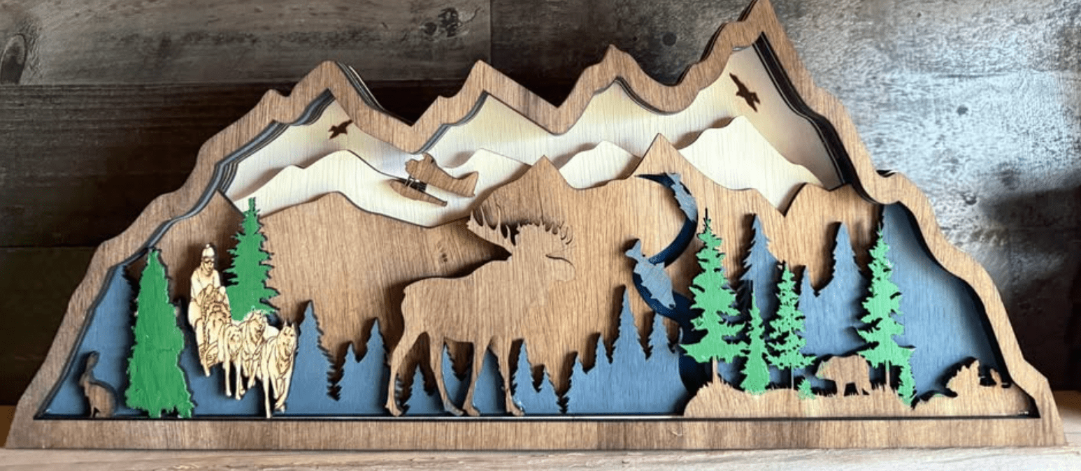 Handcrafted Wooden Rustic Mountain shelf decor light up – Rustic Cabin & Lodge Décor (Pick Up ONLY at Painted Tree Location)