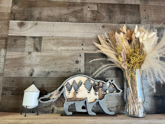 Raccoon Family Layered Wood Wall Art | Rustic Wildlife Cabin Decor | Handmade Mancave Gift