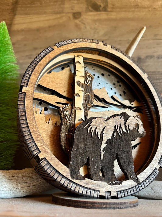 Layered Wood Bear Wall Art | Mountain Lodge Cabin Decor | LED Wildlife Scene