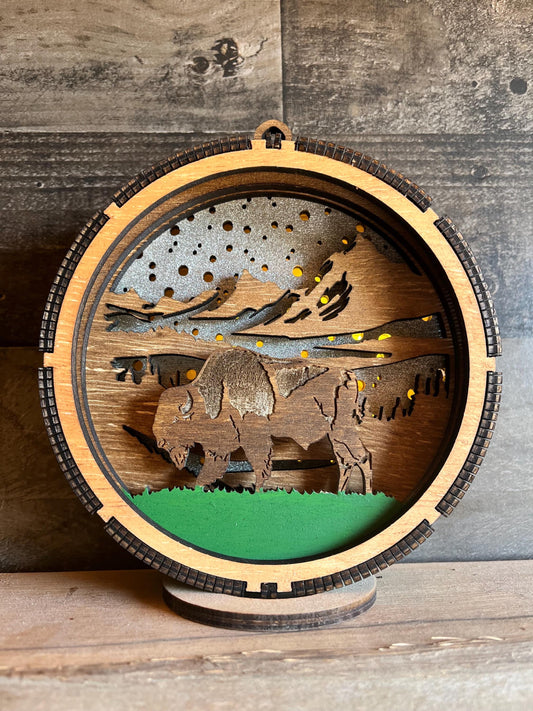 Lighted Buffalo Bison Wood Ornament