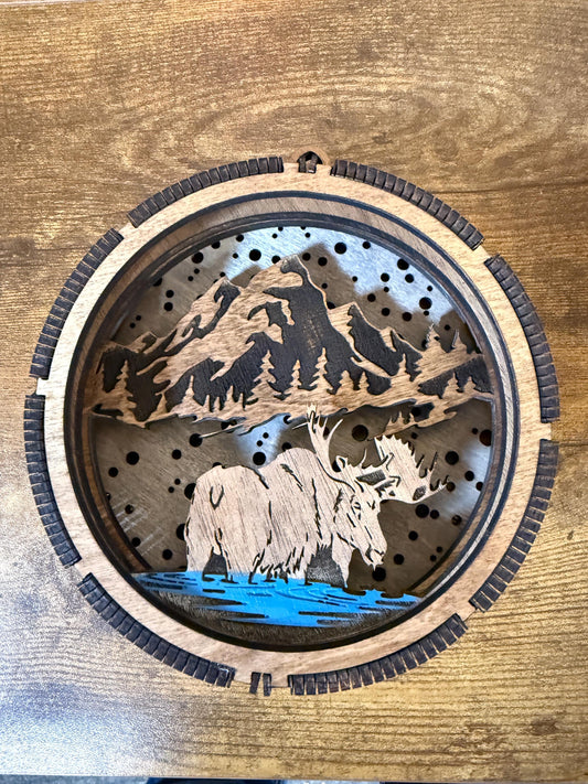 Lighted Moose Bull Wood Ornament