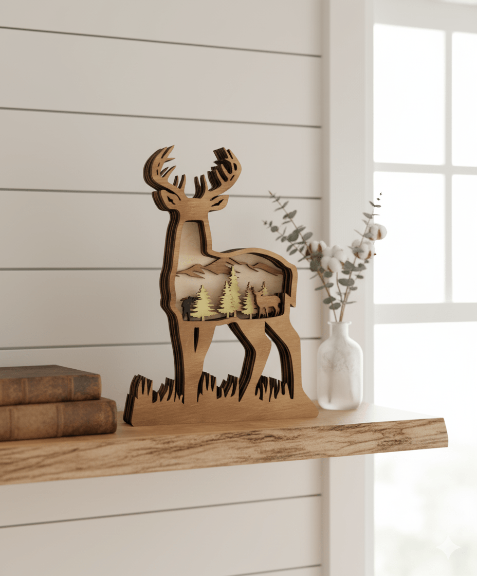 Layered deer hunter figurine with standing pose, crafted by Bunkhouse Studio LLC, showcasing detailed layered animal design.
