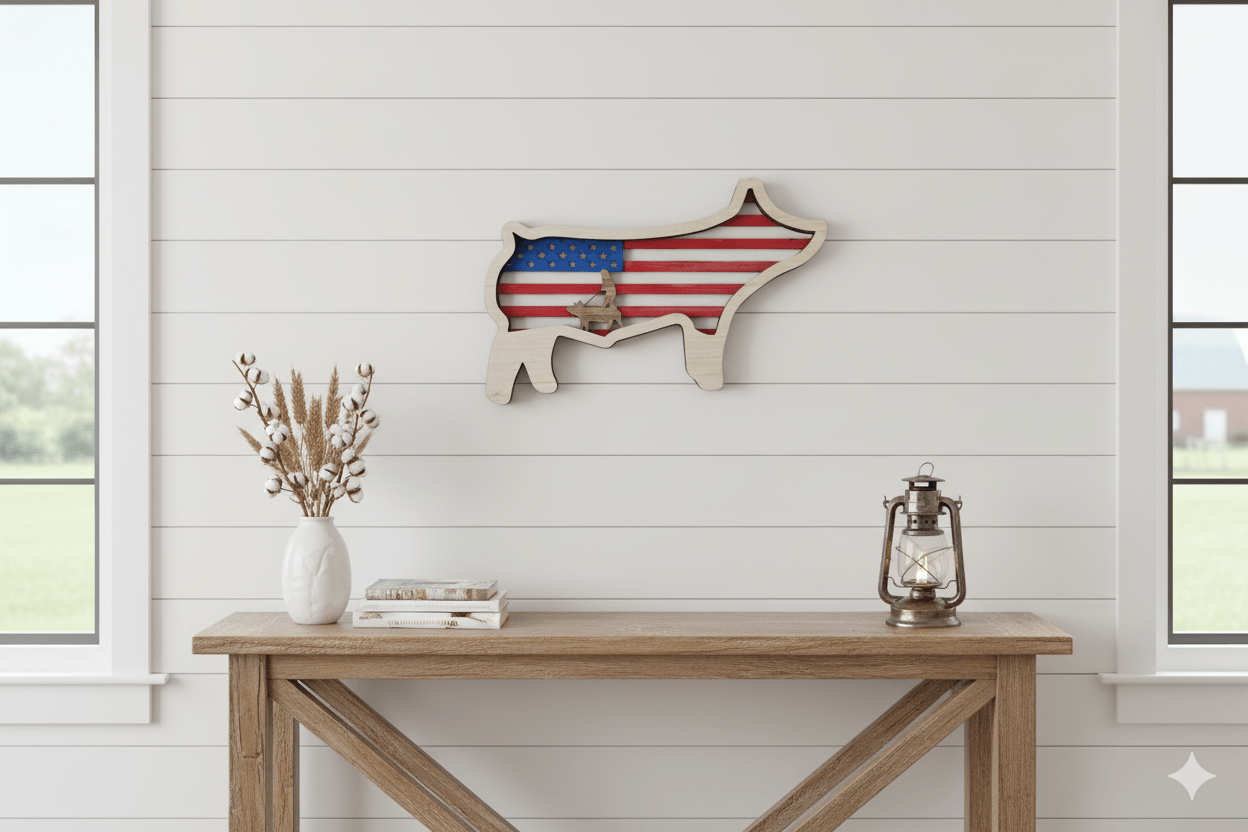 Show Market Pig USA flag gift from Bunkhouse Studio LLC, a thank you or award item for sponsors and 4H buyers.