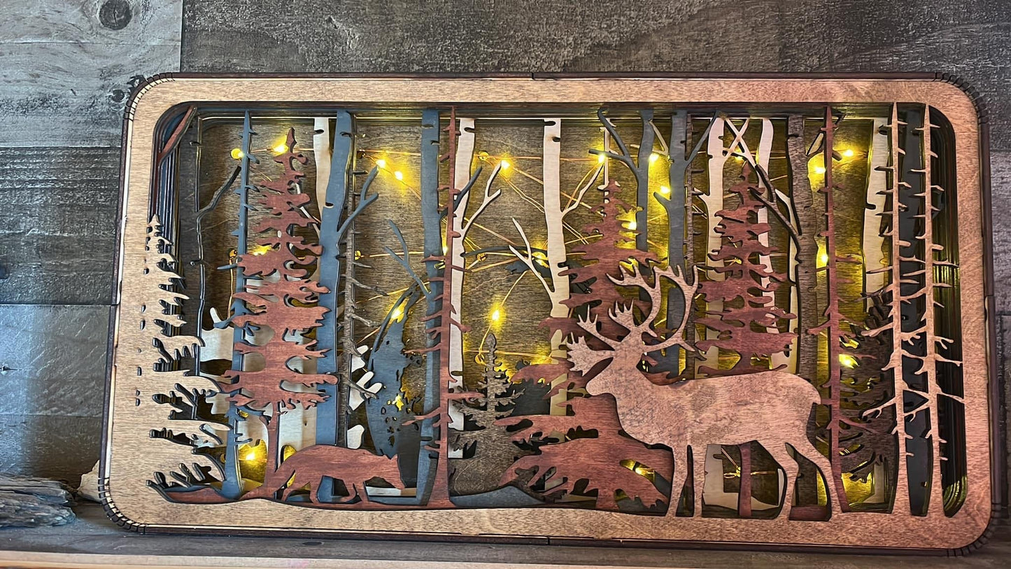 Handmade Caribou Light Shadow Box by Bunkhouse Studio LLC, featuring a unique and artistic wooden caribou design.