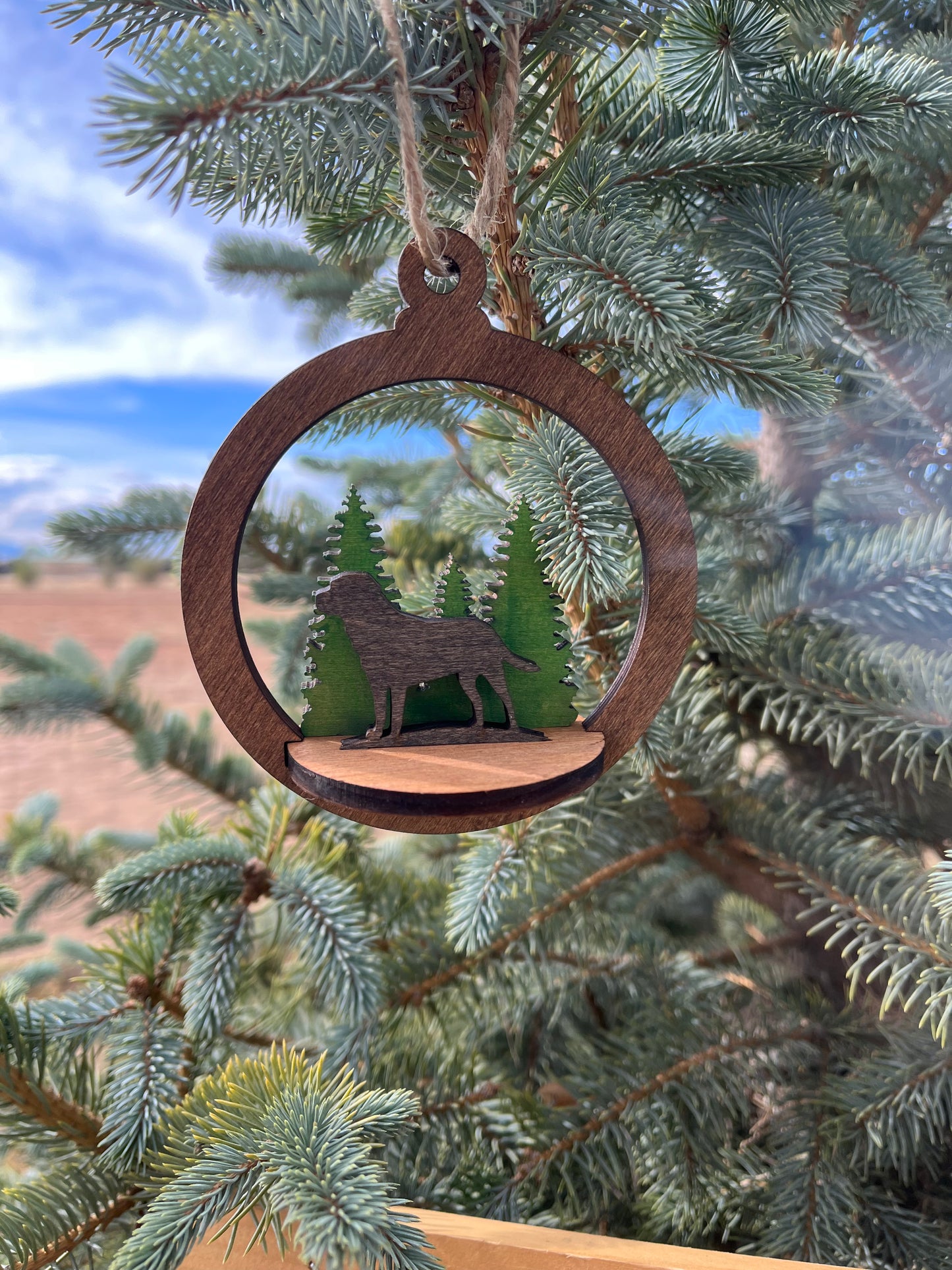Two-layer circular ornament by Bunkhouse Studio LLC featuring intricate design and hanging string, perfect for holiday decor.