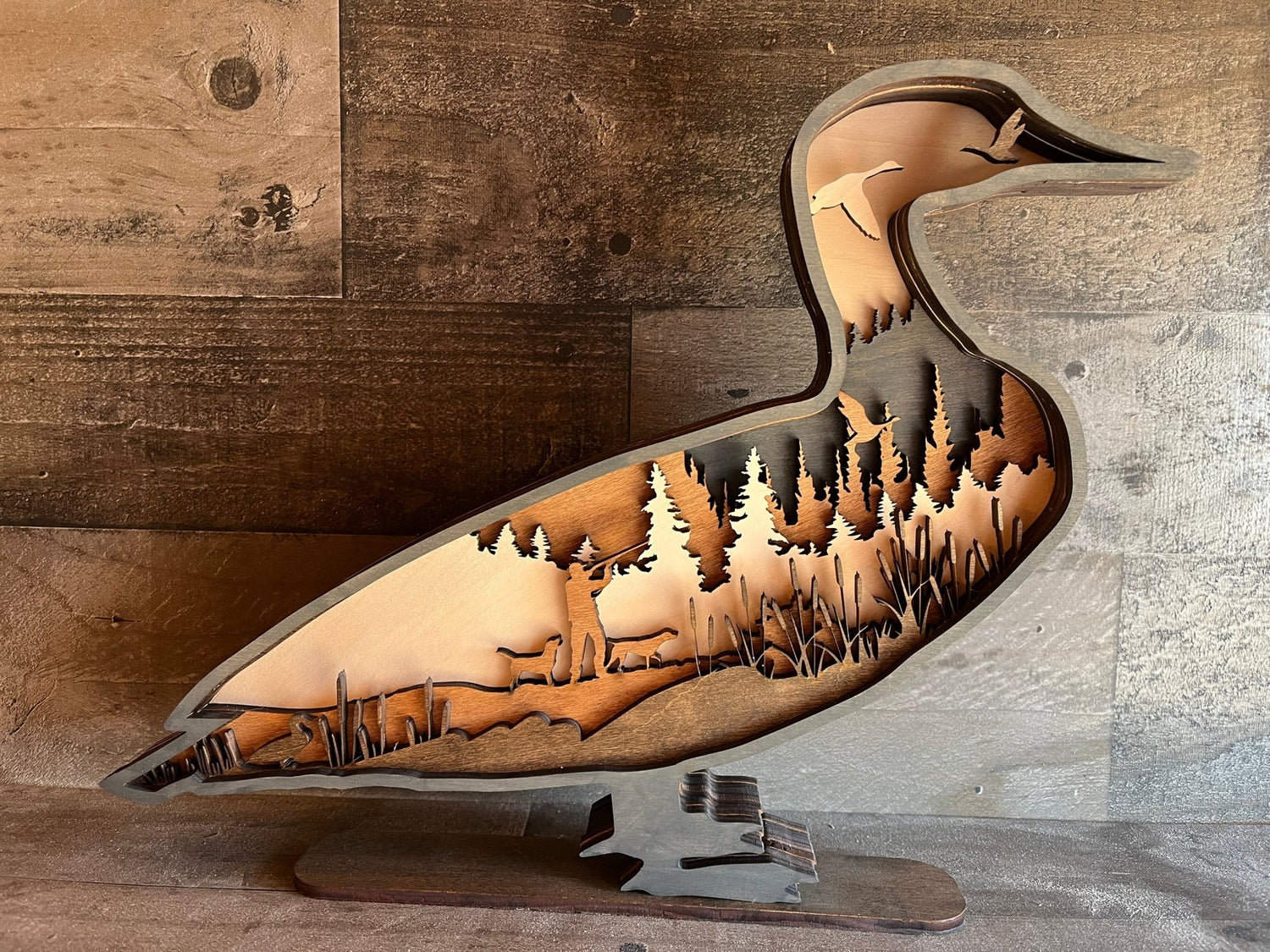 Layer Duck hunting gift decor featuring rustic wooden design, perfect for mancave or man cave decor by Bunkhouse Studio LLC.