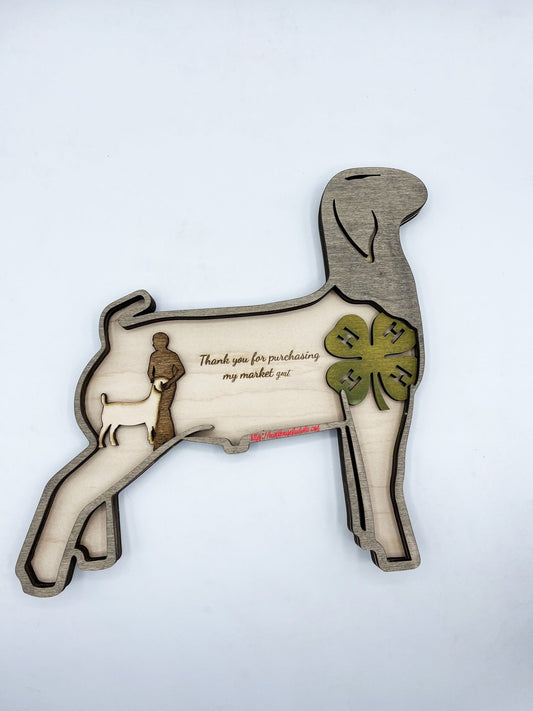 Show Market Goat Thank You Gift featuring a 4H sponsor or buyer with a buck, doe, and Billy goat, by Bunkhouse Studio LLC.