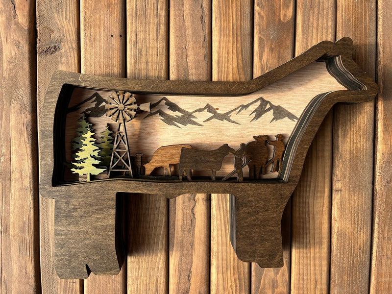 Handmade 16x16 Show Steer decor wall hanging featuring Angus cattle, perfect for farm, ranch, or county fair-themed decor.