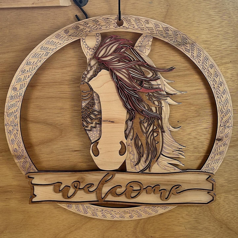 Western rustic horse head door hanger with distressed wood finish, featuring a detailed horse silhouette for farmhouse decor.